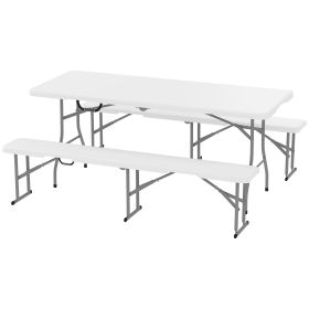 6FT 3 PCS Portable Camping Table and Chairs, Folding Picnic Table Bench Set with Carrying Handles for BBQ, Party, White