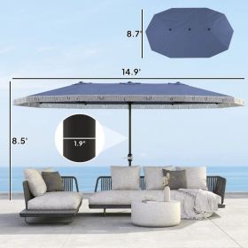 15ft Rectangle Patio Umbrella UPF30 Extra Large Outdoor Umbrella With Fringe And Crank Handle, Dark Blue (Option: Dark Blue)